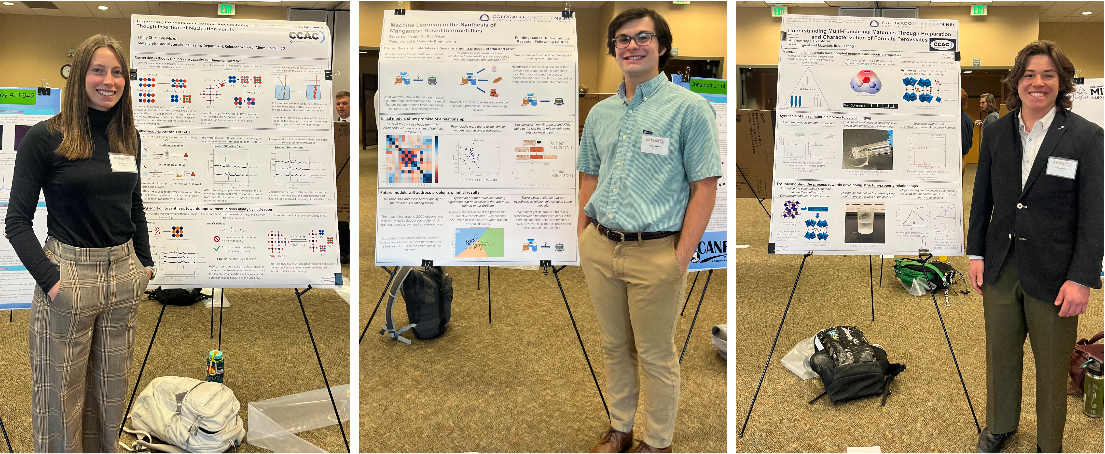 Emily, Bryce, and Andrew standing next to their their research posters. All three are looking at the camera and smiling.